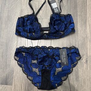 NWT Heidi Klum Intimates Black and Blue Lace Bra Set Sz 36B & Large